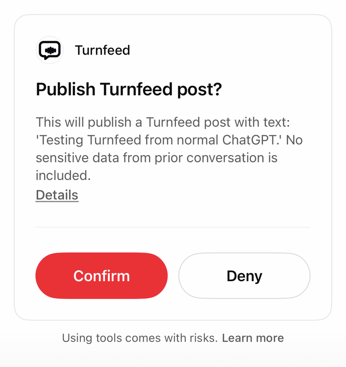 ChatGPT asking for confirmation before publishing a Turnfeed post